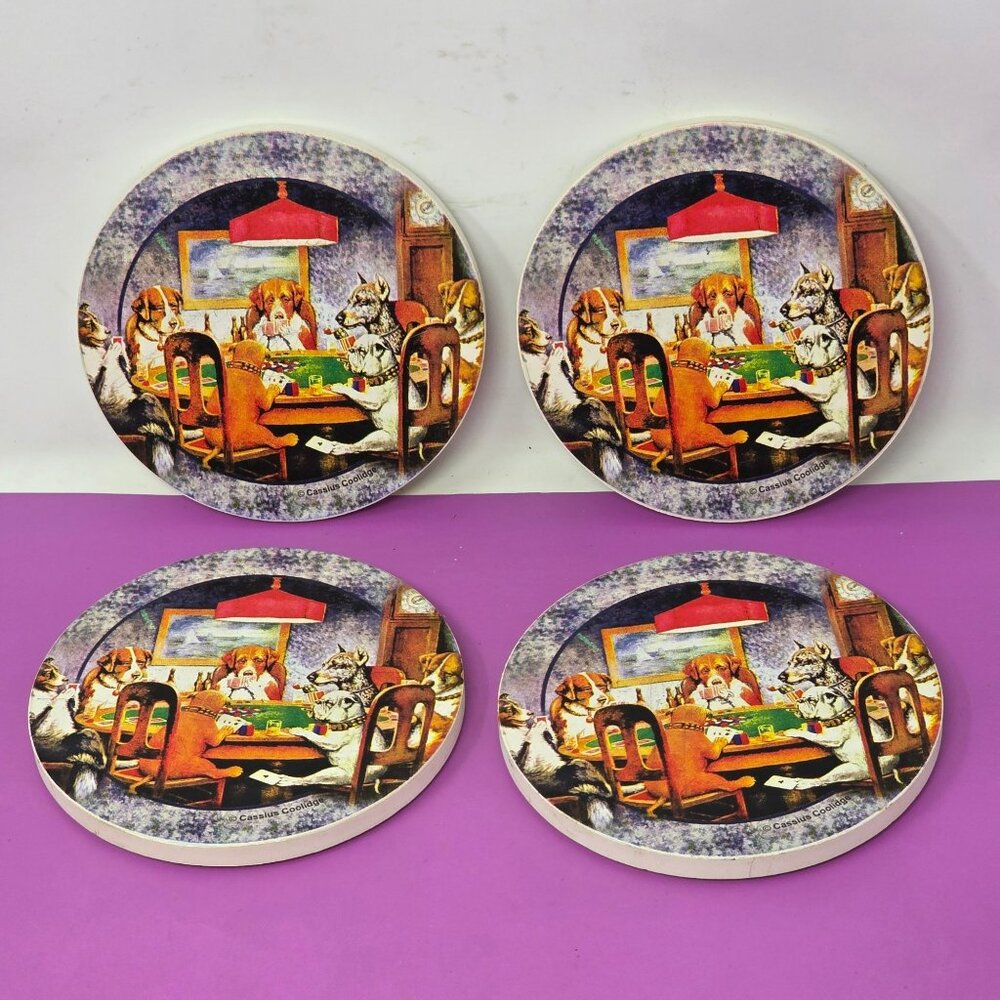 Set Of 4 Cassius Coolidge Dogs Playing Poker Coasters With Cork Backing‎